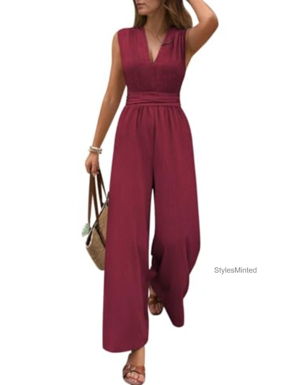 Sleeveless V Neck Wide Leg Jumpsuit Dressy Casual Romper
